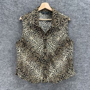 Blue Diamond Shirt Women XL Black Animal Print Button Up Collared Sleeveless